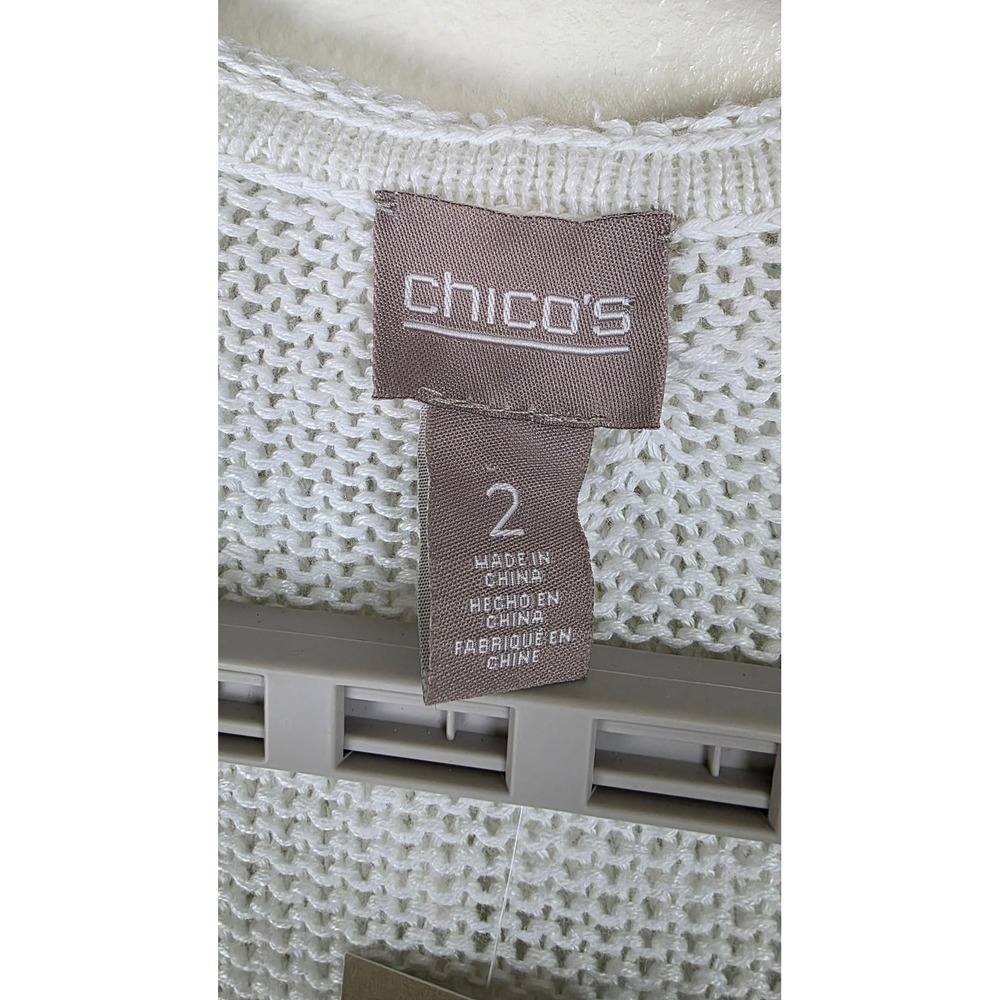 Chicos Cardigan Sweater Womens 2 White Linen Blend Hooded Open Front Striped NWT - Picture 2 of 14